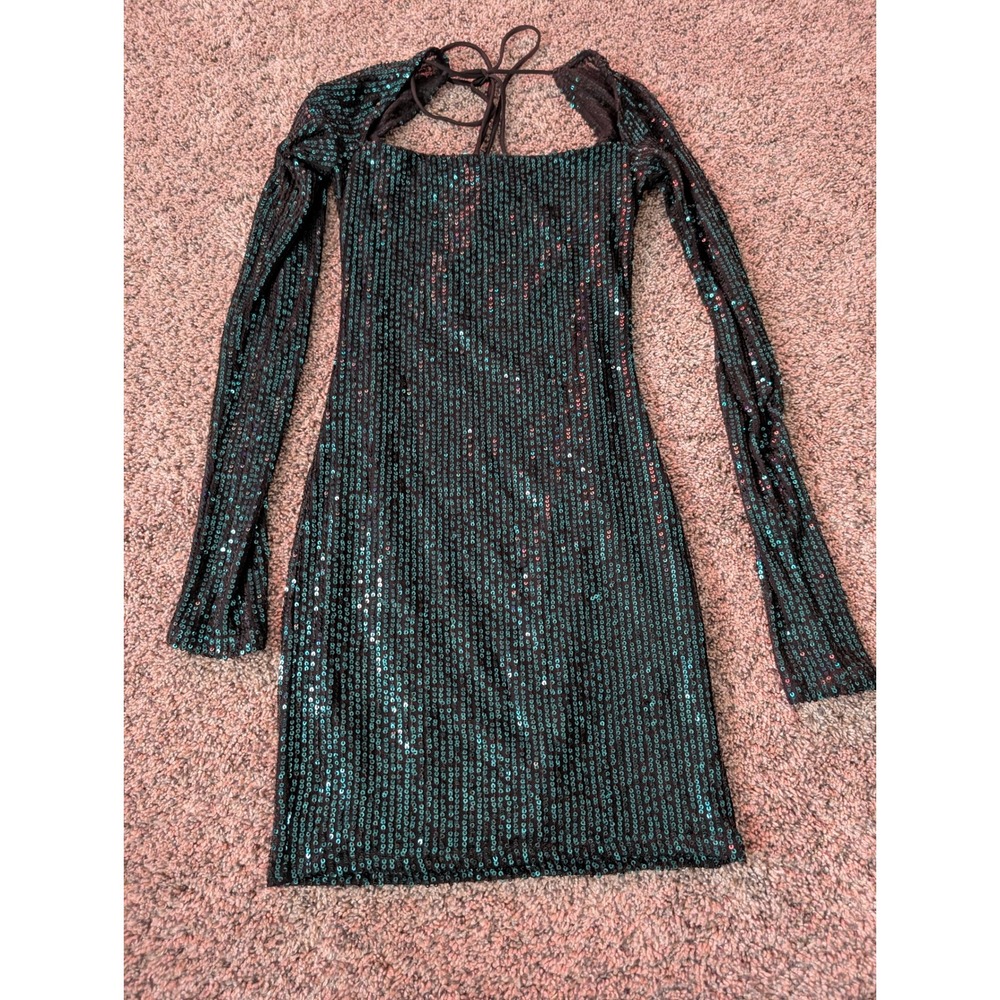 Lucy In The Sky Teal Sequin Open Back Long Sleeve Bodycon Mini Dress XS